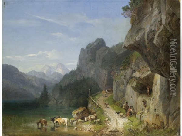 Felsenweg Am Achensee Mit Figurenstaffage Oil Painting - Heinrich Buerkel