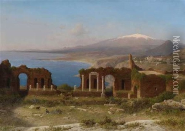 Taormina - Blick Vom Antiken Theater Auf Die Meereskuste Und Den Atna Oil Painting - Michael Haubtmann
