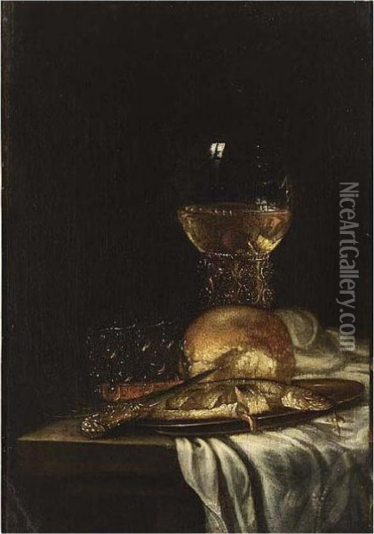A Pewter Plate And A Knife Oil Painting - Willem van Mieris
