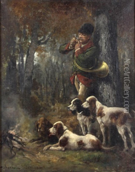Jager Mit Horn Bei Der Rast, Vor Ihm Seine Hunde Oil Painting - Theodore Levigne