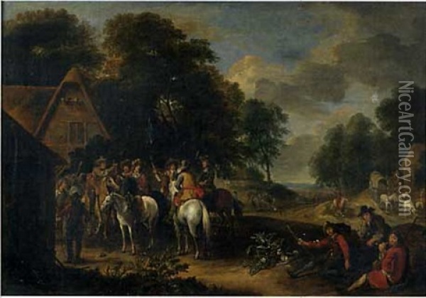 La Halte Des Cavaliers Devant L'auberge Oil Painting - Lambert de Hondt