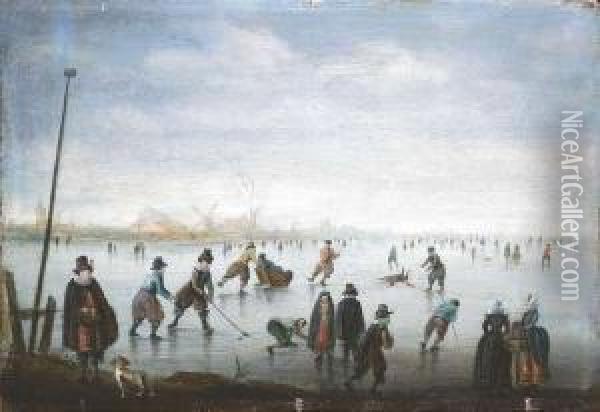 Verstralen, Anthonie. Ice-scaters On A Frozen River Oil Painting - Antoni Verstralen (van Stralen)