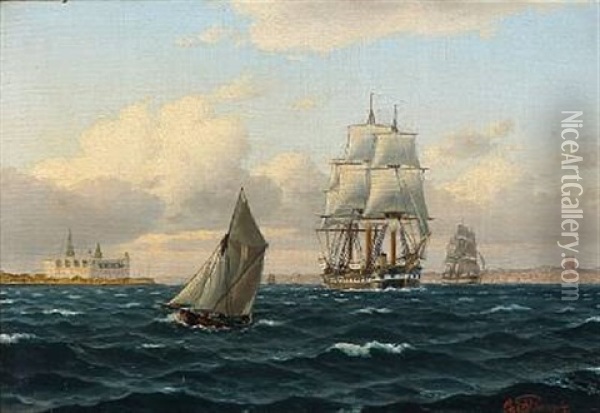 Seascape With Sailing Ships Out Shore Kronborg Castle Oil Painting - Carl Emil Baagoe