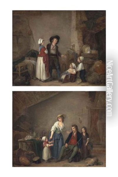 A Couple With A Boy Pushing A Girl In A Cart, In An Interior And A Man Returning From The Hunt With A Mother And Her Children, In An Interior (pair) Oil Painting - Marc Antoine Bilcoq