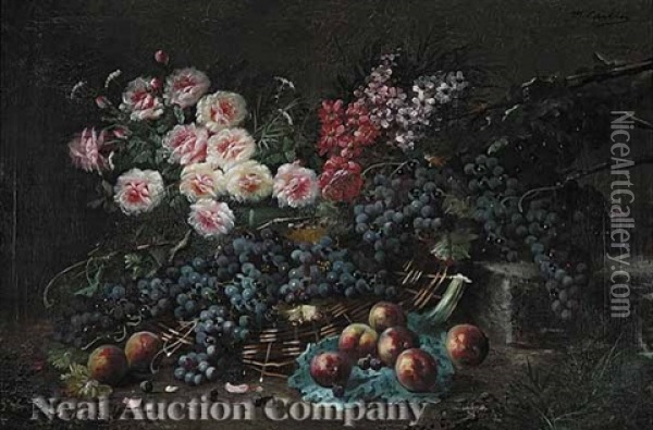Still Life With Pink Peonies And Grapes Oil Painting - Modeste (Max) Carlier