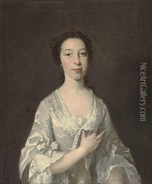 Portrait Of A Lady, Half-length,
 In An Oyster Satin Dress With Lace Trim, Pearls In Her Hair Oil Painting - Thomas Hudson