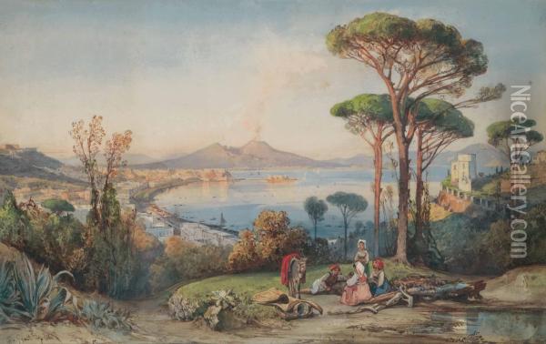 Peasants Resting Above The Bay Of Naples, Vesuvius Oil Painting - Giacinto Gigante