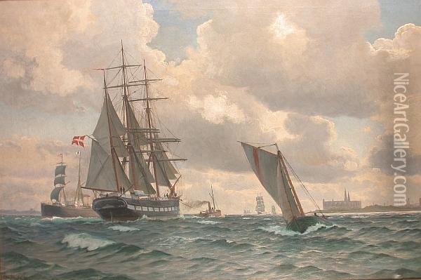 A Tug Pulling A Three-master: A Busy Day On The Sound Oil Painting - Christian Blanche