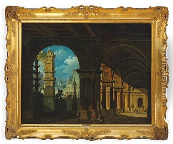 A Capriccio Of Classical Buildings, In The Foreground Roman Soldiers In A Colonnade Oil Painting - Jean Nicolas Servandoni
