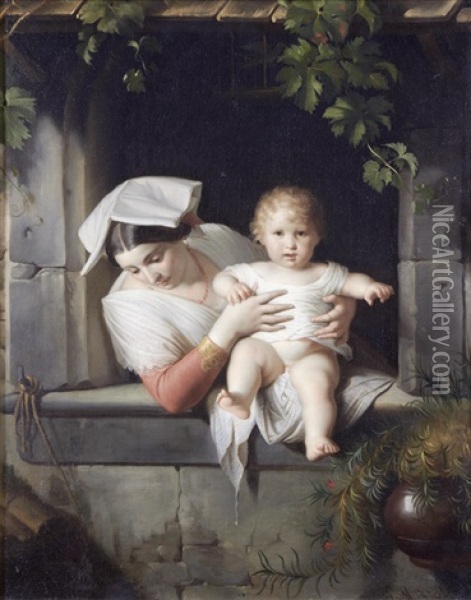 Neapolitan Mother And Child Oil Painting - Giuseppe Mazzolini