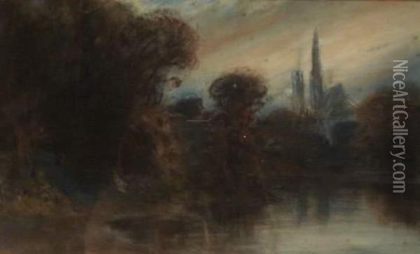 Paysage Et Cathedrale De Rouen Oil Painting - Paul Huet