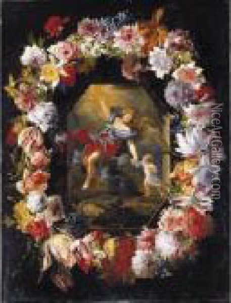 A Garland Of Flowers Surrounding A Scene Of The Guardian Angel Oil Painting - Abraham Brueghel