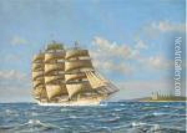 A Danish Windjammer Running Past Kronborg Castle; And A Danish Barque At Sea Oil Painting - Christian Bogo