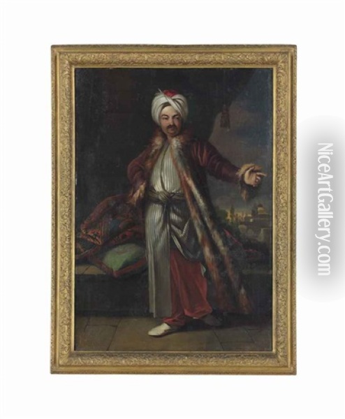 Portrait Of A Turk, Small Full-length, In Long, Striped Garments, A Fur-lined Coat And A Turban, On A Portico, A Mosque Beyond Oil Painting - Andrea Soldi