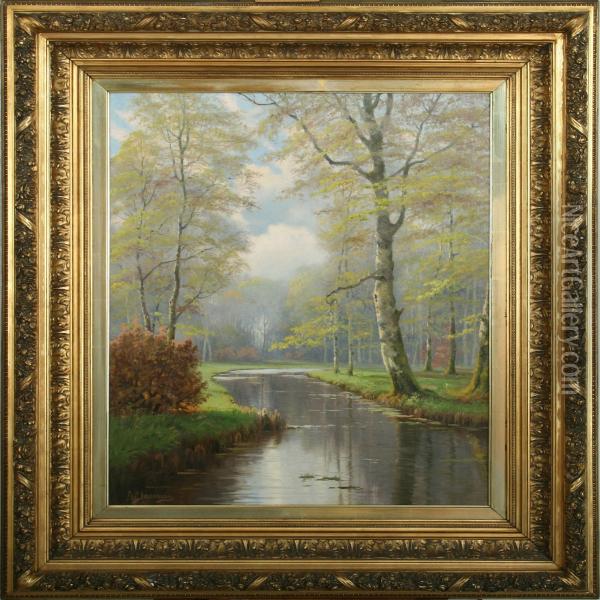 With Beechtrees And River Oil Painting - A. G. Jacobsen