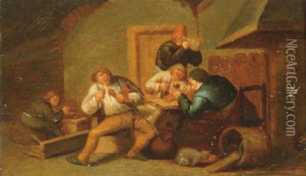 Peasants Smoking And Drinking By A Fireplace, The Sense Of Taste Oil Painting - Adriaen Jansz van Ostade