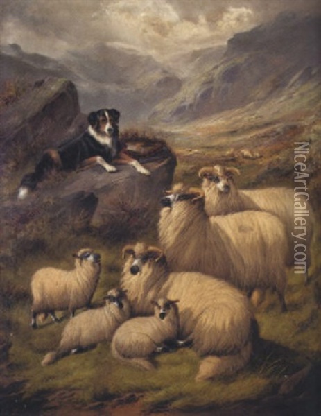 A Sheepdog And Flock In The Highlands Oil Painting - John Barker