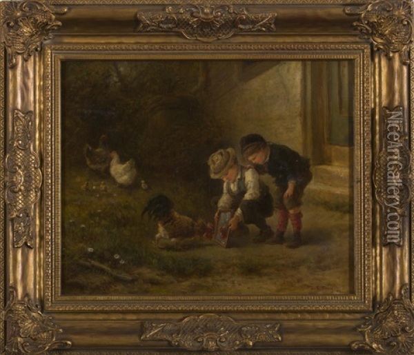 A Handsome Fellow: Children With Rooster Oil Painting - James Crawford Thom