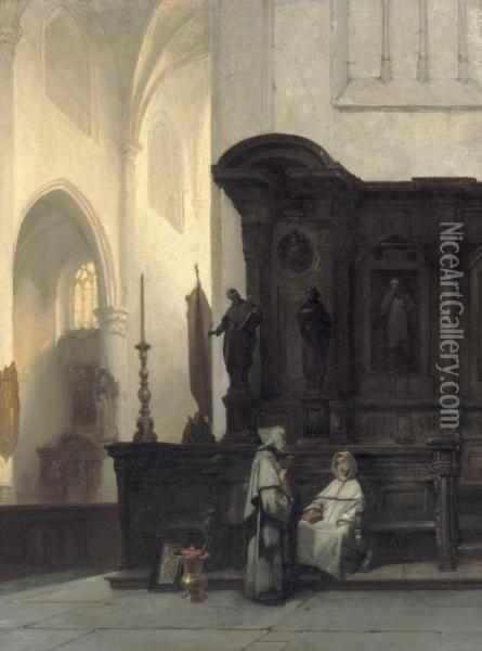 Gothische Kerk Te Wouw: A Gothic Church Interior With Monks Conversing Oil Painting - Johannes Bosboom