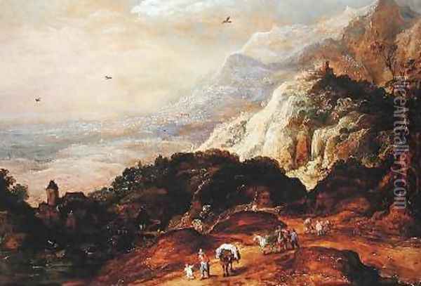 A Mountainous Landscape with Figures and Mules Oil Painting - Josse de Momper