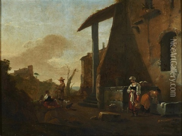 Figures Cooking And Cleaning In A Courtyard Oil Painting - Thomas Wijck