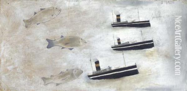Fish And Trawlers Oil Painting - Alfred Wallis
