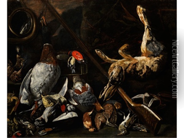 Grosses Jagdstilleben Mit Erlegten Enten, Feldhasen Und Weiterem Federvieh Oil Painting - Pieter Boel