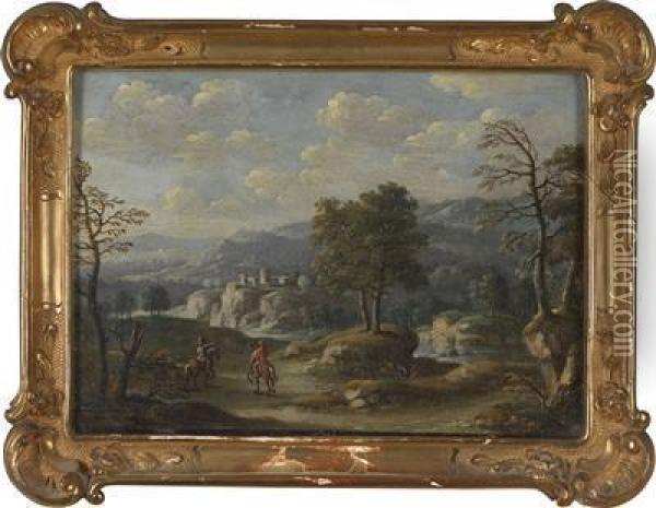 Two Southern Landscapes With Horsemen Oil Painting - Wolfgang Magnus Gebhardt