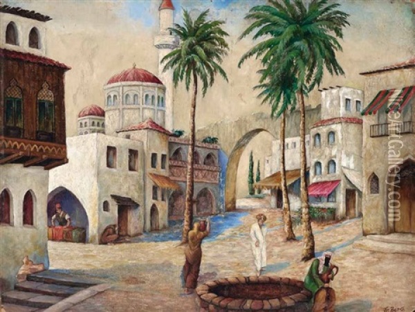 Marokkanische Stadt Mit Handwerker, Palmen Und Einer Moschee Oil Painting - Frans Berg