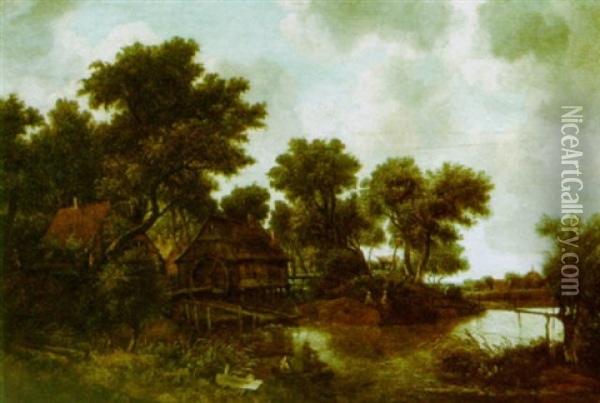 A Wooded Landscape With A Water Mill And Fishermen By A Stream Oil Painting - Meindert Hobbema