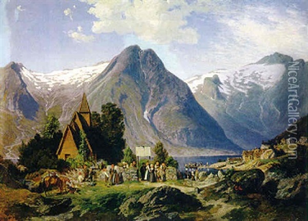 Sonntaglicher Kirchgang In Norwegen Oil Painting - Johann-Wilhelm Cordes