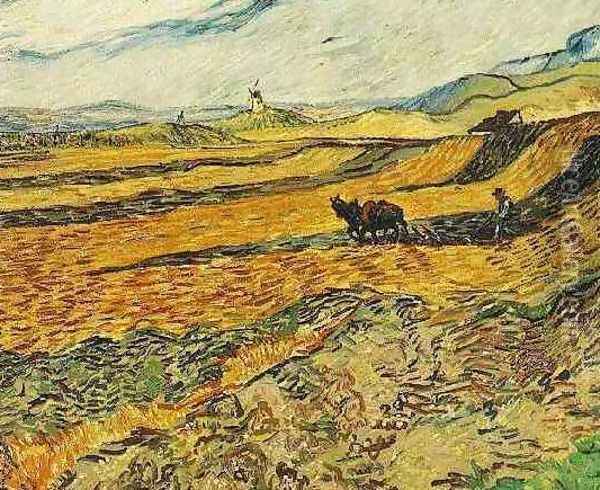 Field With Ploughman And Mill Oil Painting - Vincent Van Gogh