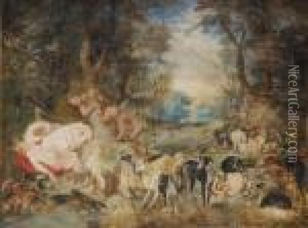 Satyrn Belauschen Dieschlafenden Nymphen Der Diana Oil Painting - Jan The Elder Brueghel