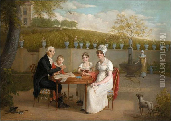 A Portrait Of The Arlaud Family, Seated At A Table In An Enclosed Garden, A Vineyard Beyond Oil Painting - Marc Louis Arlaud