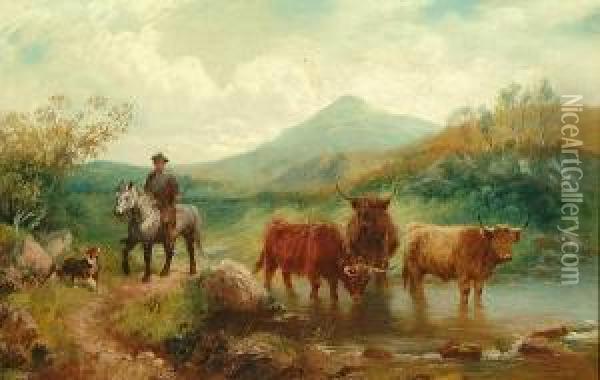 Highland Cattle In A Mountainous
 Landscape; A Mounted Traveller And His Dog Passing Through Highlands Oil Painting - Wilson Hepple
