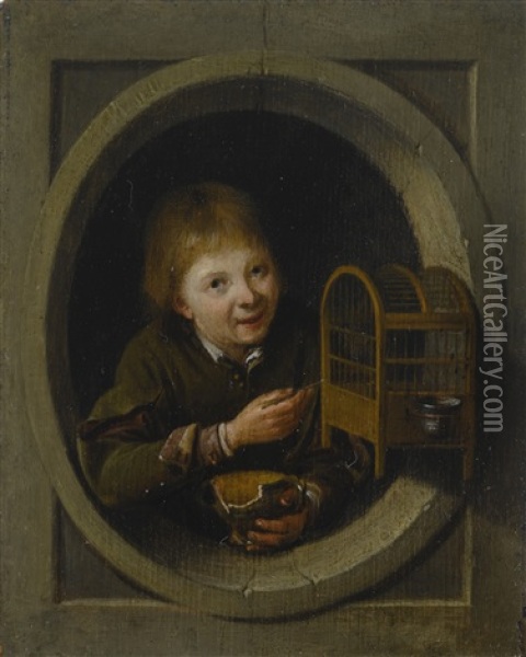 Boy In A Window With A Birdcage Oil Painting - Pieter Cornelisz. van SLINGELANDT