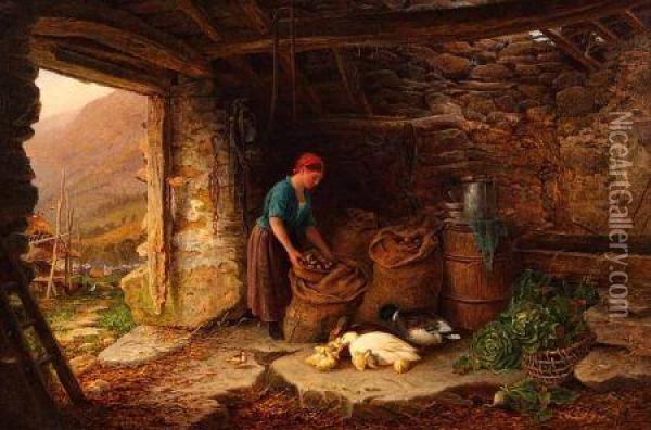 Barn Interior With Young Lady And Ducks Oil Painting - C. Law Coppard