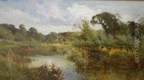 River Landscape With Cattle And 
Farm Buildings In Background, A Figure In A Punt With Fishing Rod In 
Foreground Oil Painting - John Horace Hooper
