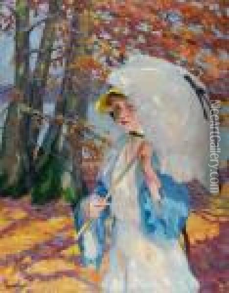 Dame Mit Sonnenschirm Im Herbstlaub Am Ammersee Oil Painting - Edward Alfred Cucuel