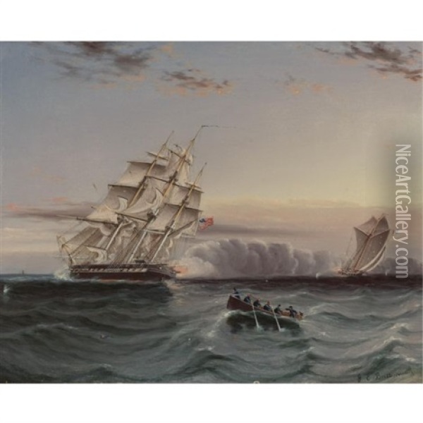 Us Frigate And Privateer Oil Painting - James Edward Buttersworth