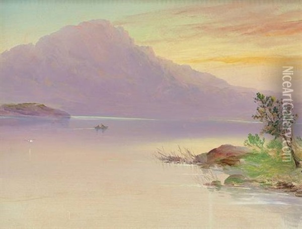 Fruhmorgendliche Seenlandschaft Mit Ruderboot Oil Painting - William Henry Mander