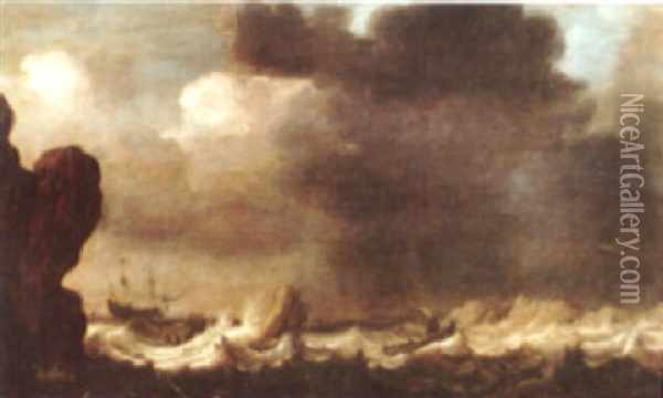 A Coastal Scene With A Frigate Offshore Oil Painting - Pieter Van Der Croos
