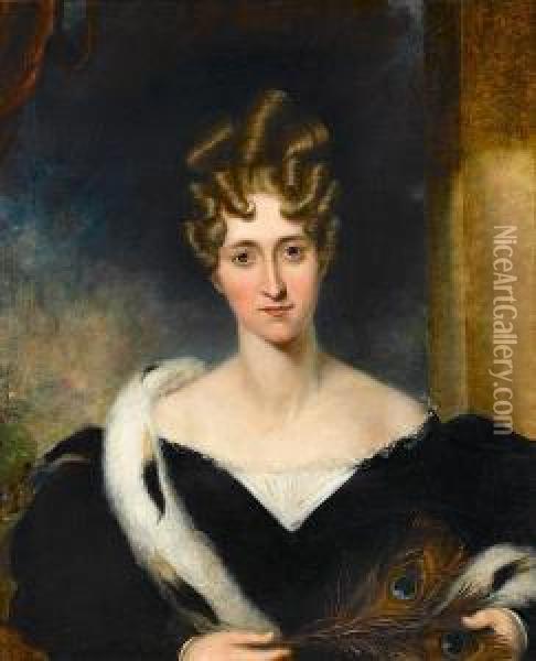 Portrait Of A Lady, Half-length, In Black Dress And Holding A Peacock Feather Oil Painting - George Henry Harlow