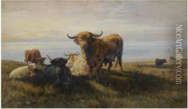 Highland Cattle By The Shore Oil Painting - Joseph Denovan Adam