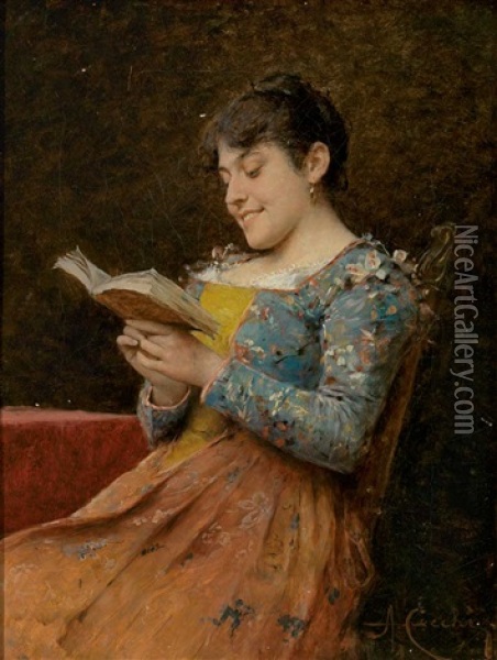 Lesende Junge Frau Amusiert Sich Oil Painting - Adriano Cecchi