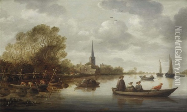 A River Landscape With Fishermen, Elegant Figures In A Ferry, A Village And Sailing Vessels In The Distance Oil Painting - Pieter de Neyn