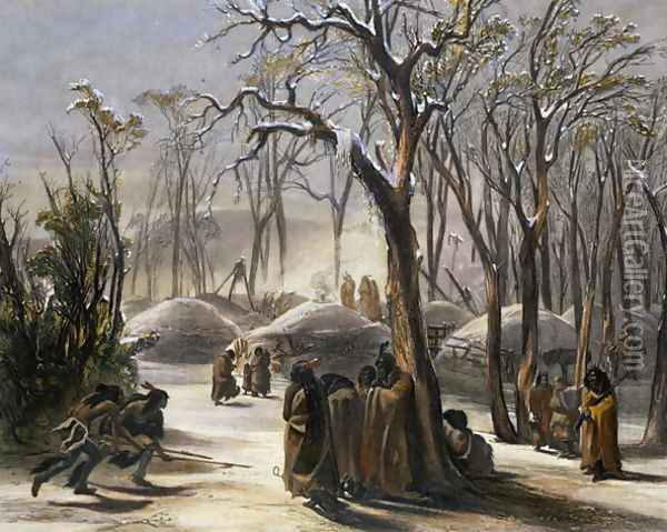 Winter Village of the Minatarres, plate 26 from Volume 2 of 'Travels in the Interior of North America', 1844 Oil Painting - Karl Bodmer