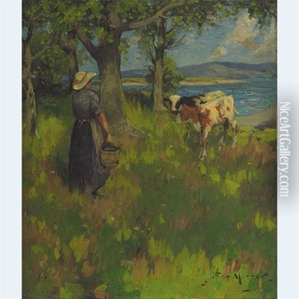 Milkmaid In A Summer Pasture Oil Painting - John Reid Murray