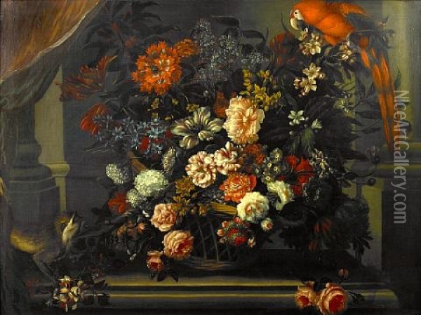 A Still Life Of Roses, Carnations With Other Flowers And A Monkey And A Parrot Oil Painting - Pieter Casteels III