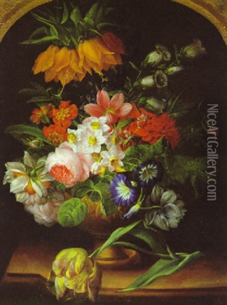 Blumenstilleben Mit Konigskerze, Rose, Narzissen, Tulpe Und Anderen Blumen Oil Painting - Joseph Nigg